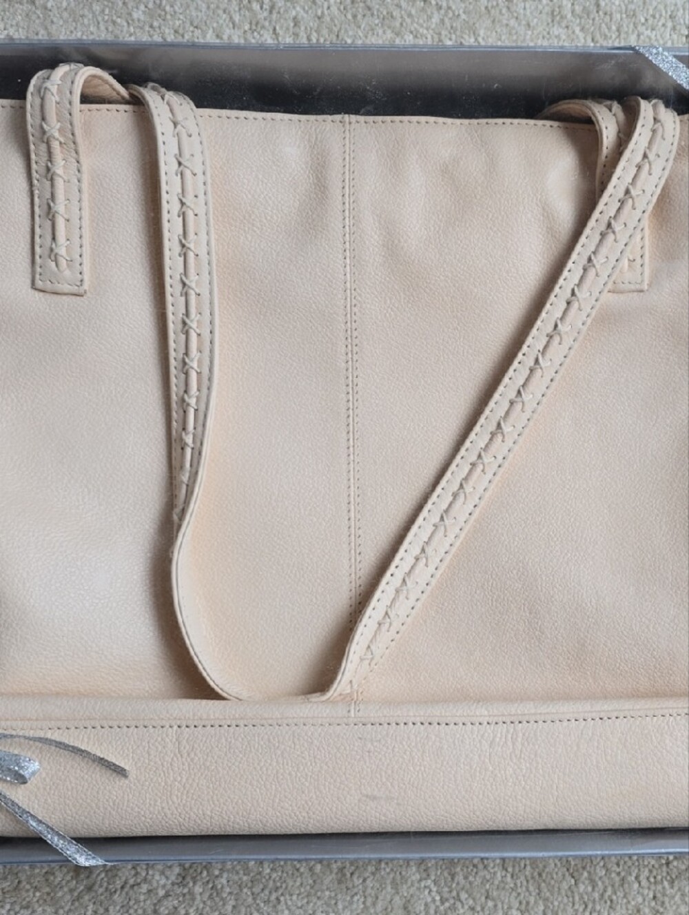 Evan Picone Light Beige Leather Tote with Braided Straps.